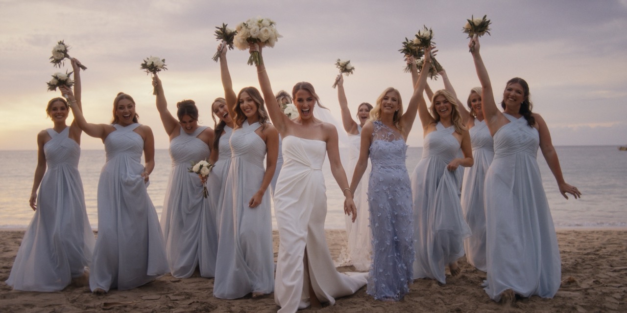 A bride walks along the beach with bridesmaids raising bouquets around her.