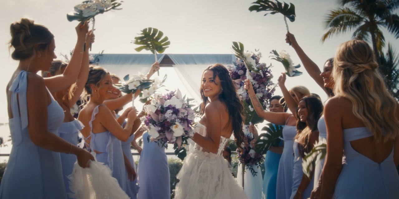 A bride turns toward the camera while bridesmaids raise tropical bouquets around her.