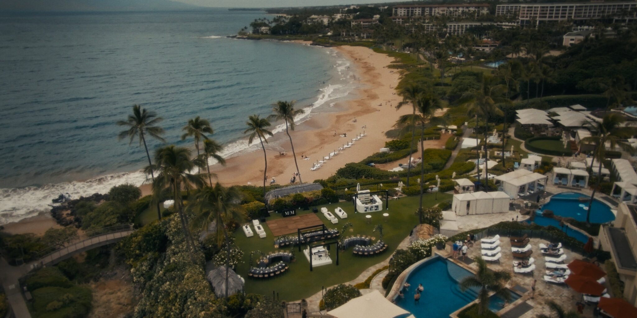 Aerial view of Four Seasons Maui wedding spaces between the resort and Wailea Beach