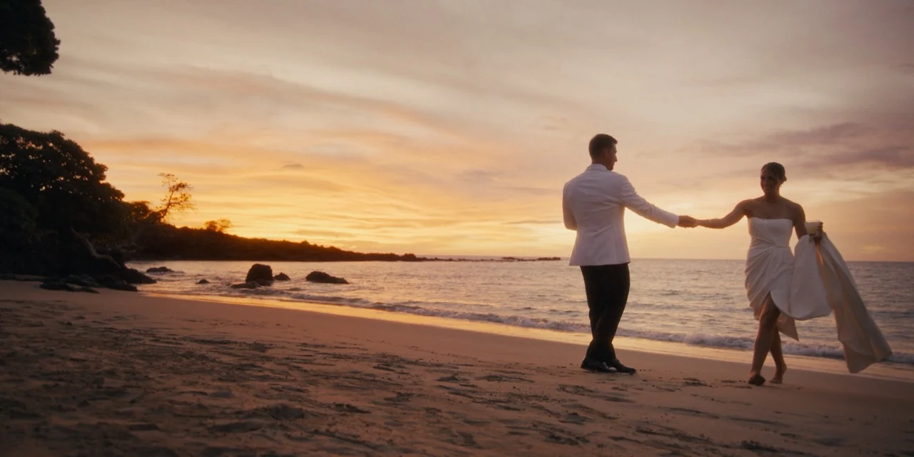 Caroline and Dylan move hand in hand along the beach at sunset.