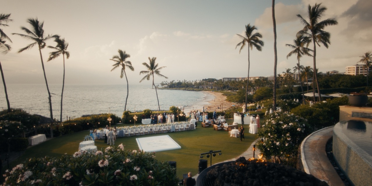Oceanfront Lawn reception setup overlooking Wailea Beach at Four Seasons Maui
