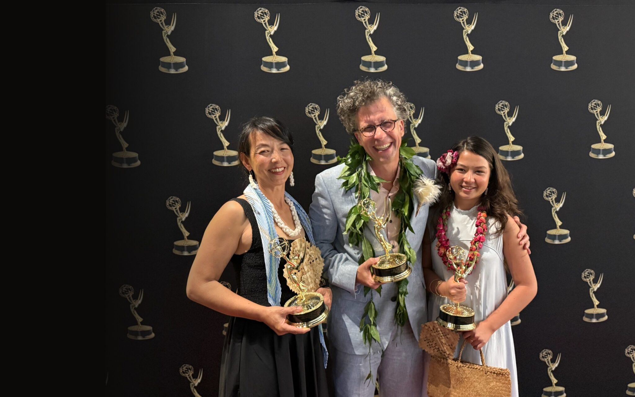 Pacific Storytellers celebrates three Emmy statuettes with family at the 2026 ceremony.